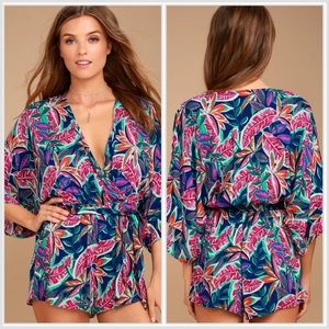 Lulus Hypnotized Purple Print Romper Half Sleeves Elastic Waist Size Medium